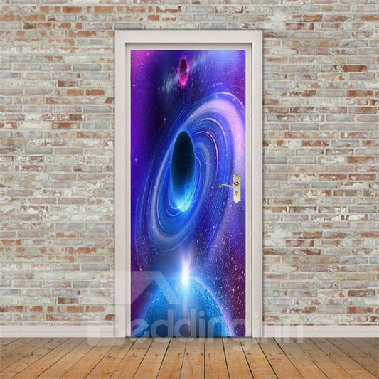 Mural de puerta 3D ambiental e impermeable de PVC con galaxia morada estrella de 30 × 79 pulgadas