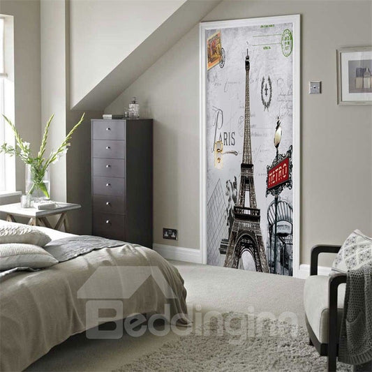 30 x 79 Zoll großes, umweltfreundliches und wasserdichtes 3D-Türwandbild „Eiffelturm mit Wegweiser“ aus PVC