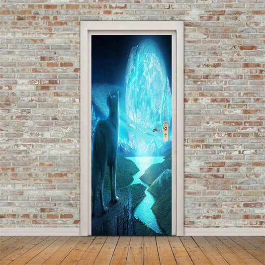 30¡Á79in Woif with Lit Stones PVC Environmental and Waterproof 3D Door Mural