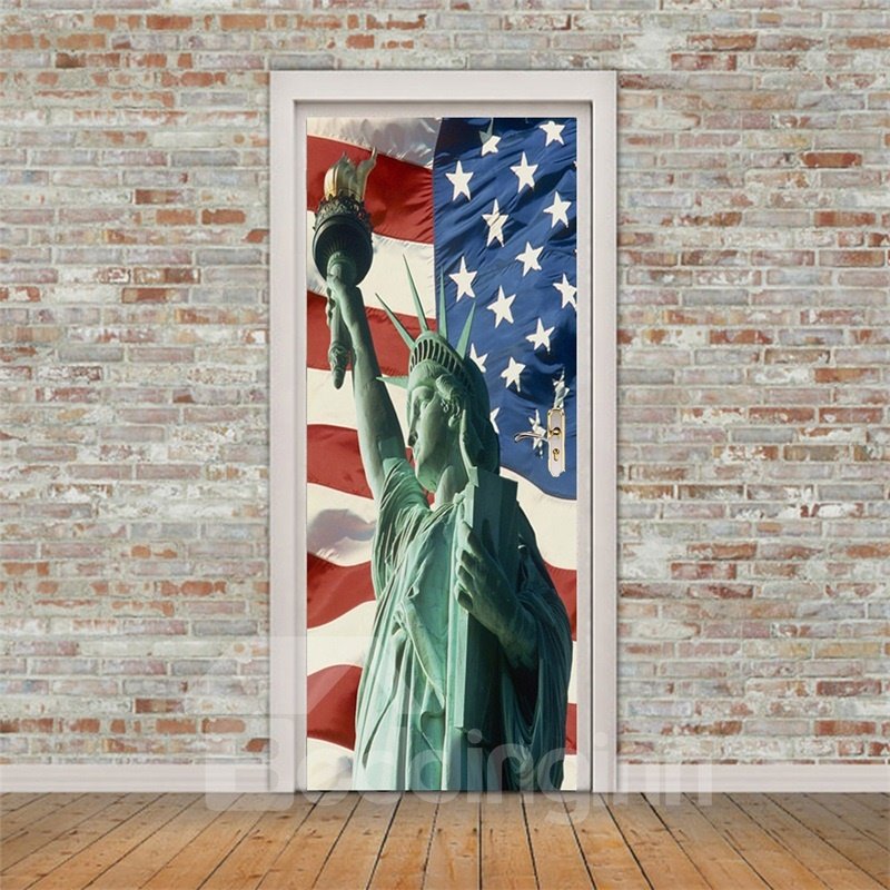 30 x 79 Zoll große, umweltfreundliche und wasserdichte 3D-Türtapete aus PVC mit Freiheitsstatue und amerikanischer Flagge
