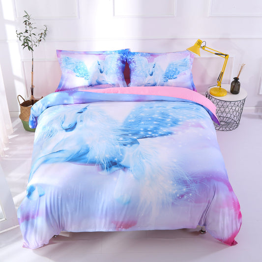Weißes Einhorn mit Flügeln, bedruckt, 4-teilig, 3D-Bettwäsche-Sets/Bettbezüge, Blau, Rosa 