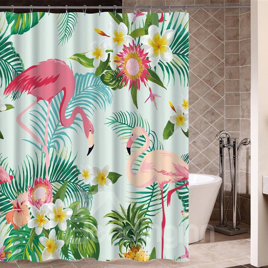 Cortina de ducha de baño impermeable resistente al moho con patrón de flamencos y plantas