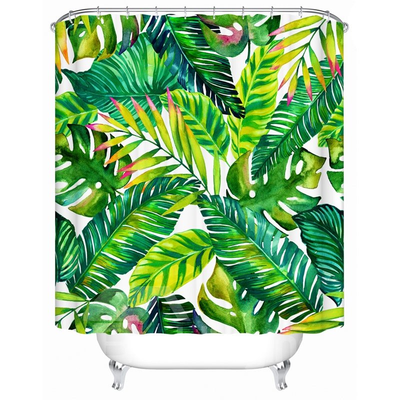 Big Green Leaves Pattern Polyester Material Waterproof Shower Curtain