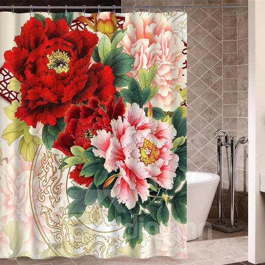 Peony Pattern Polyester Material Mold and Mildew Resistant Shower Curtain