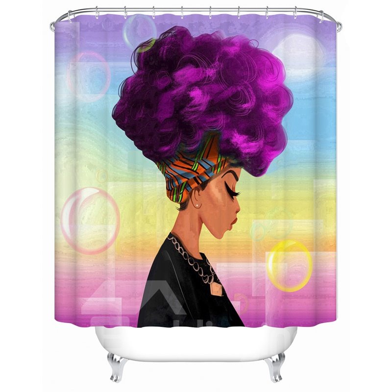 Mildew Resistant Purple Hair Girl Pattern Waterproof Bathroom Shower Curtain