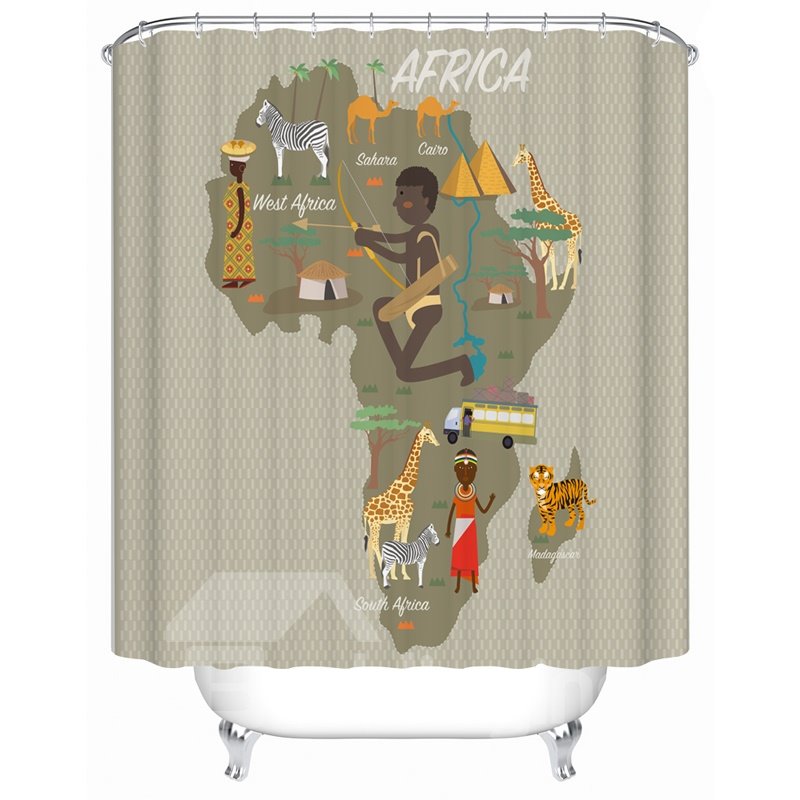 Map Pattern Mildew Resistant Waterproof Polyester Material Shower Curtain
