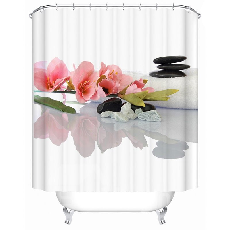 Pink Flower Pattern Polyester Material Moist Resistant Shower Curtain