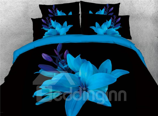 Flor azul que florece en la oscuridad 3D Juegos de cama de 4 piezas / Juego de funda nórdica Fondo negro Microfibra 
