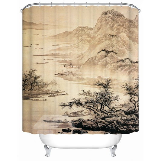 Traditional Chinese Painting Pattern Mildew Resistant Waterproof Shower Curtain