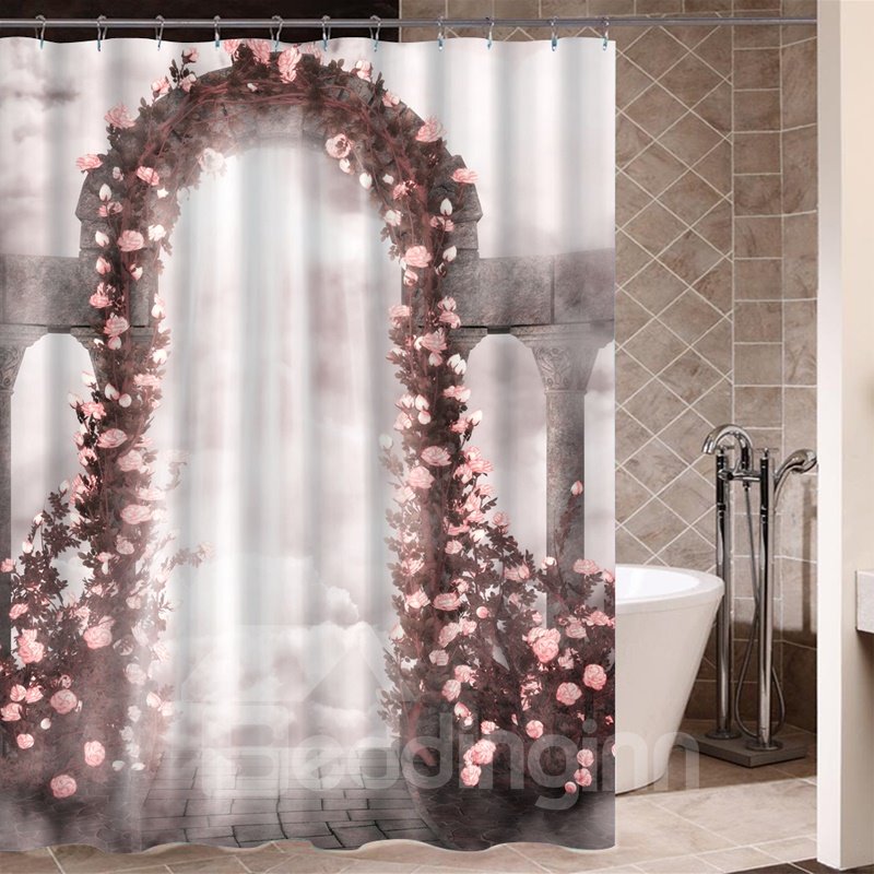 Cortina de ducha resistente al moho, material ecológico, con patrón de puerta de flores