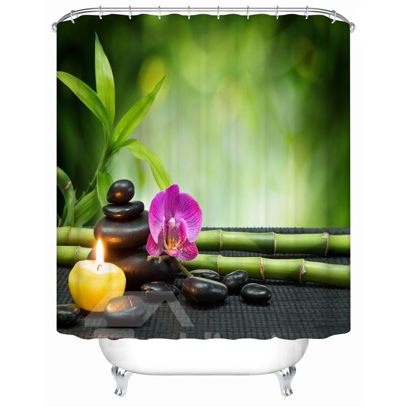 Butterfly Orchid Pattern Polyester Material Mildew Resistant Bathroom Shower Curtain