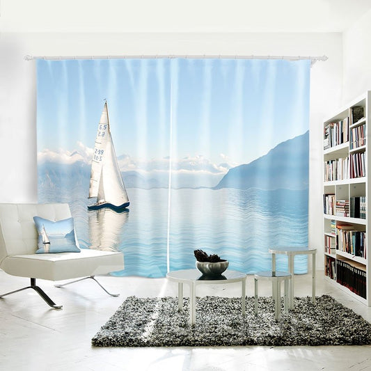 Blue Sailing Sea Pattern Polyester 3D Curtain