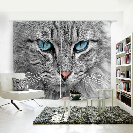 Blue Eyed Cat Face Printed Curtain, 2 Panel Style Polyester Animal Cat Window Curtain