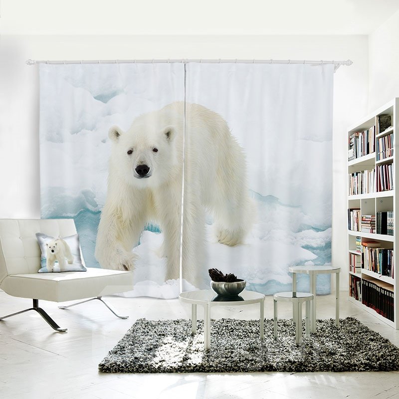 White Polar Bear Pattern 3D Painted Polyester 2 Panels Curtain