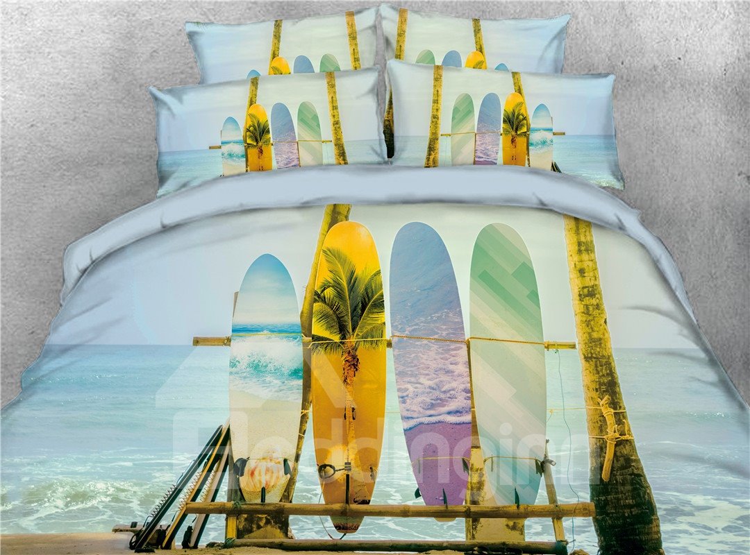 Surf Skateboard Beach Pattern Poliéster Impreso Juegos de cama / Fundas nórdicas de 4 piezas 3D