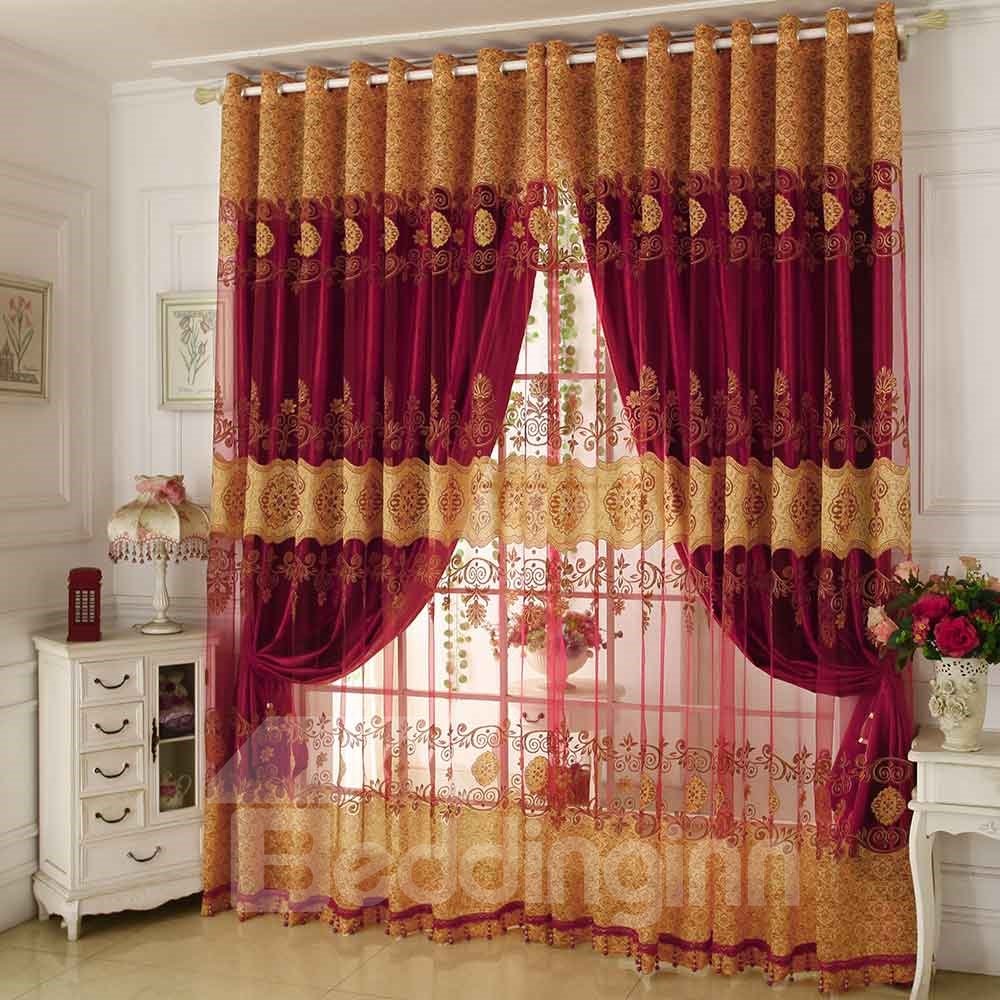 Classical Red Pattern Shading Sheer Beads Polyester Curtain