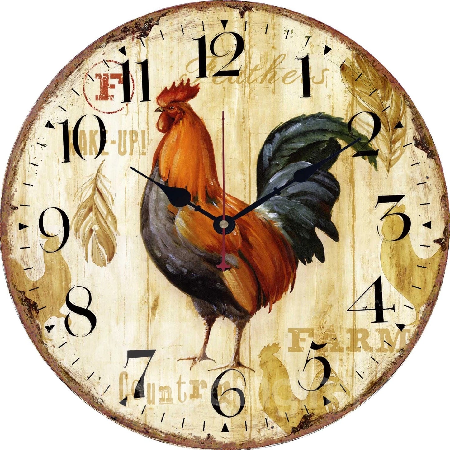 Cock Pattern Creative Realistic Style Wood Material Noiseless Wall Clock