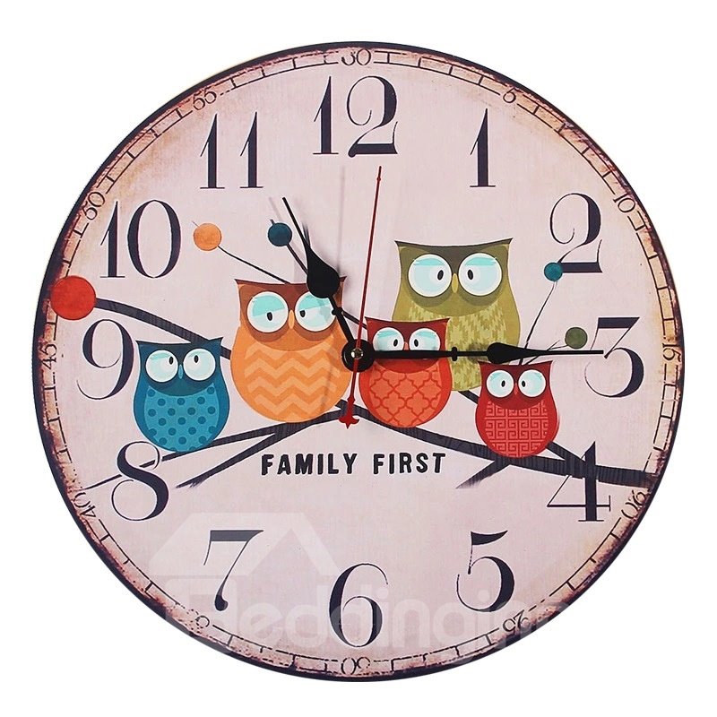 Owl Pattern Creative Cartoon Style Wood Material Noiseless Wall Clock