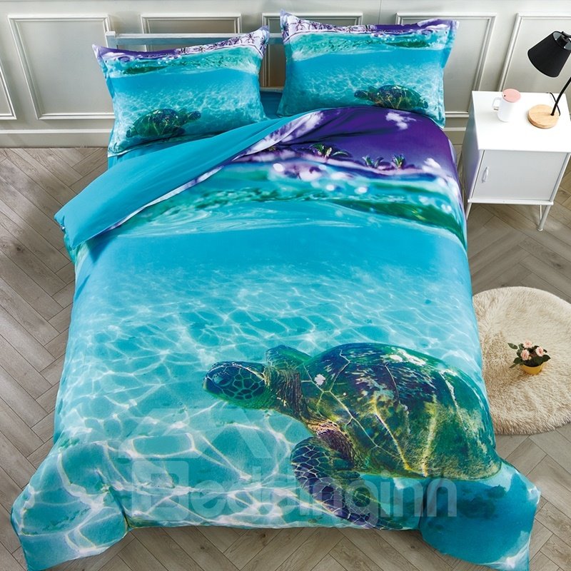 5-teiliges Bettdecken-Set mit 3D-Meeresschildkröte im blauen Ozean, hochwertiges Mikrofaser-Polyester, leichtes, warmes Bettwäsche-Set mit Reißverschluss und weißer Daunendecke