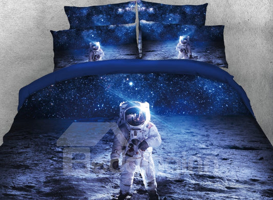 Bedrucktes 5-teiliges Bettdeckenset mit 3D-Astronautenwanderung im Weltraum, blaues Universum-Bettwäscheset 