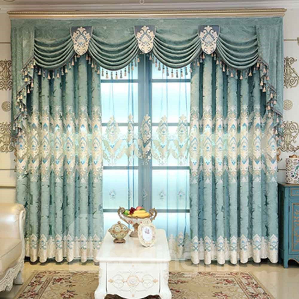 Cortina con ojales de sombreado estilo palacio elegante de chenilla jacquard floral azul