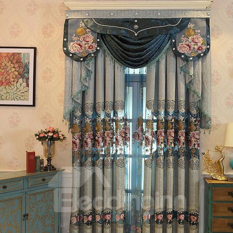 Palace Style Blue Large Floral Pattern Shading Curtain