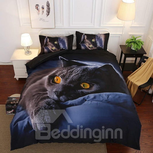 3D-Bettbezug-Set/Bettwäsche-Set mit schwarzer Katze, 4-teilig, mit Tiermotiv, lichtecht, langlebig, hautfreundlich, ganzjährig 