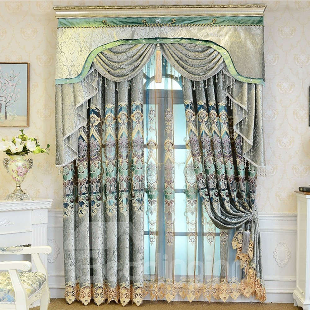 Luxury Palace Style Blue Elegant Pattern Shading Curtain