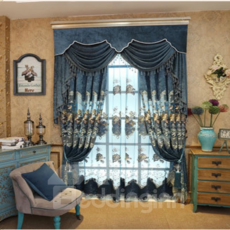 Dark Blue European style Room Darkening Curtain