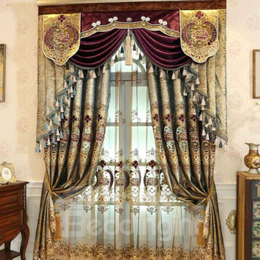 Precioso paño de sombreado bordado dorado de lujo, 2 paneles, cortinas opacas decorativas