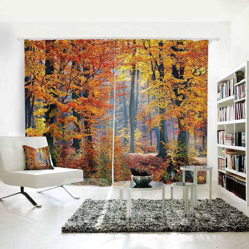 Golden Red Leaves Pattern 3D Polyester Curtain