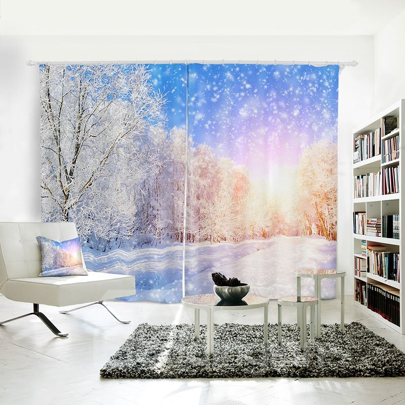 Blue Sky White Snow and Tree 3D Polyester Curtain