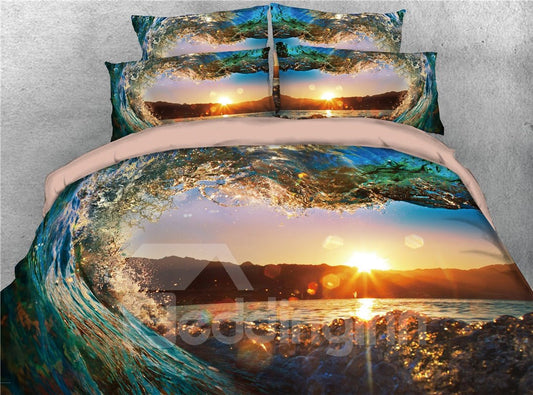 Wasserherzförmiger Sonnenuntergangslandschaftsdruck 3D 4-teiliges Bettwäscheset/Bettbezugset Mikrofaser 