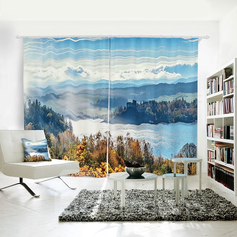 Blue Sky Lake Mountain Room Darkening 3D Curtain