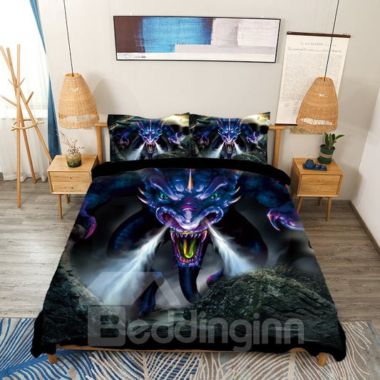 Juego de cama/funda nórdica de 4 piezas con estampado de dragón potente en 3D, tamaño Queen King 