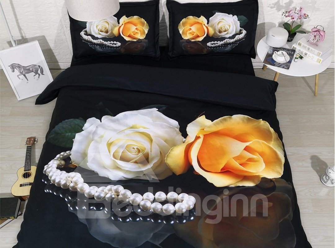 3D White and Yellow Rose Digital Printing Polyester 4-Piece Black Bedding Sets/Duvet Covers