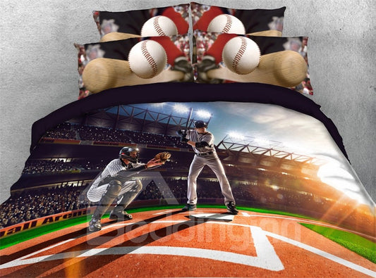 Baseballspieler auf dem Feld. Digital gedruckte 4-teilige 3D-Bettwäsche-Sets/Bettbezüge 
