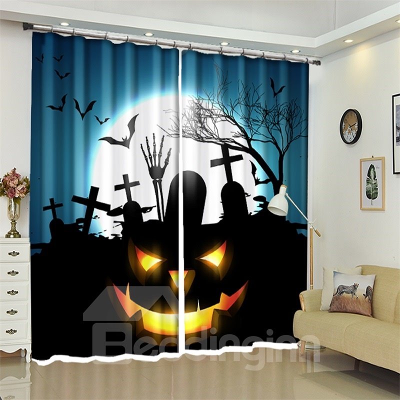 Cartoon Pumpkin And Tomb 3D Polyester Halloween Scene Curtain for Kids Room/Living Room