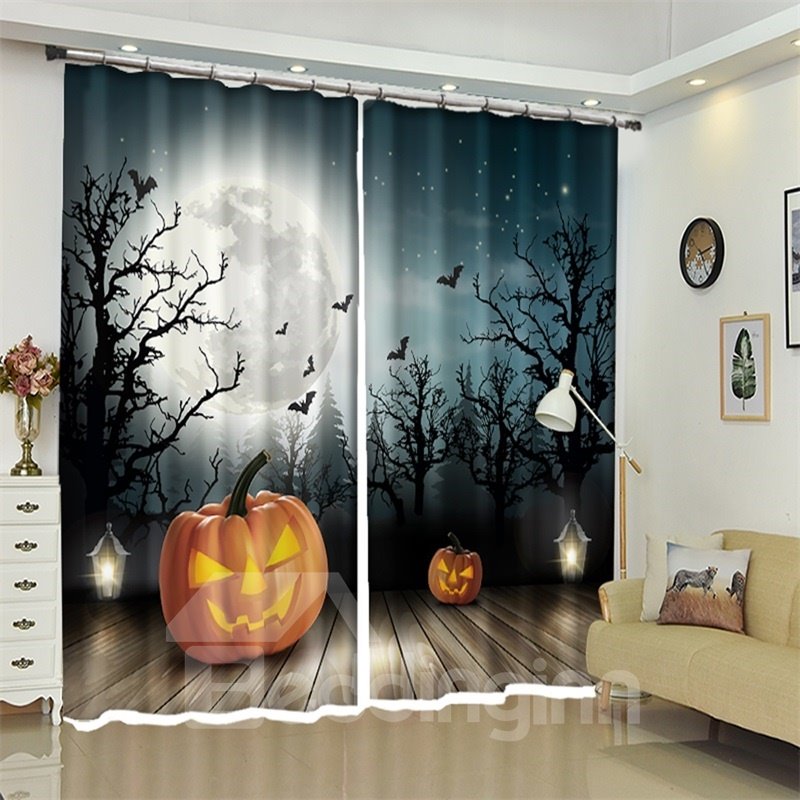 3D Polyester Moonshine And Pumpkin Halloween Scene Curtain for Kids Room/Living Room