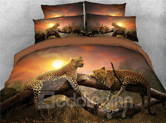 Familia de leopardo 3D relajándose en la puesta de sol Juegos de cama / fundas nórdicas de 4 piezas con impresión digital