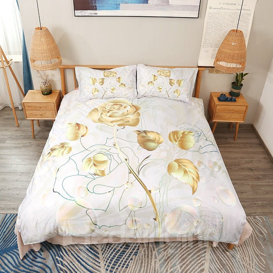 Luxuriöses 3D-Blumen-Bettwäscheset mit goldenem Rosendruck, 4-teiliges Bettbezug-Set, hochwertige Mikrofaser, weich, hautfreundlich, verschleißfest, lichtecht 
