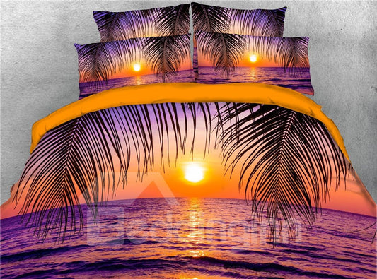 Juego de cama/funda nórdica de 4 piezas con paisaje marino en 3D, puesta de sol roja 