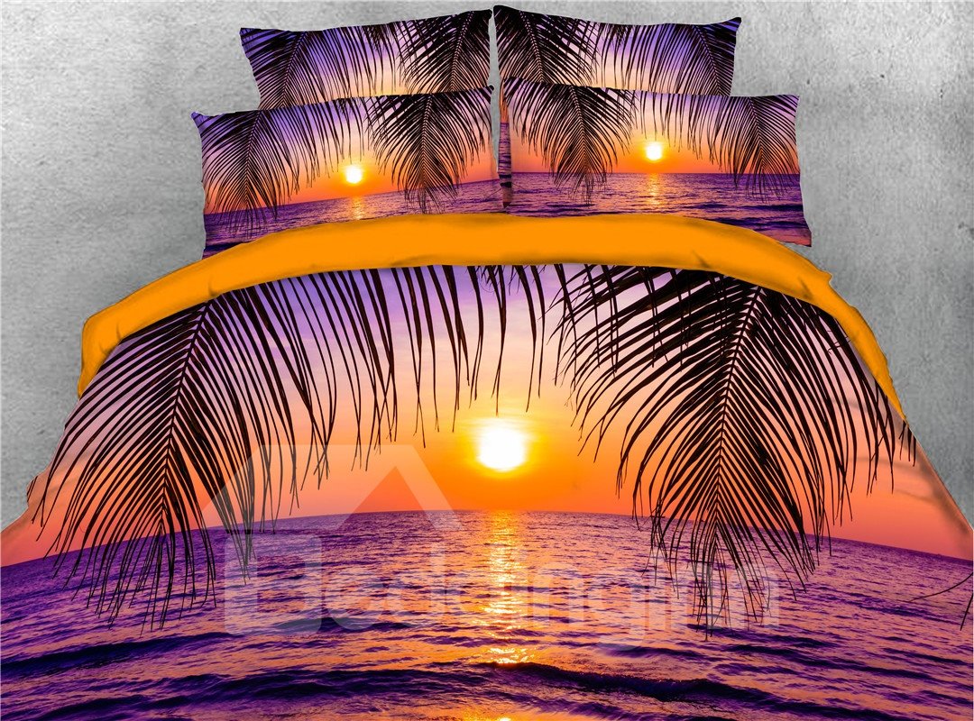 3D-Meereslandschaft, roter Sonnenuntergang, 4-teiliges Bettwäsche-/Bettbezug-Set 