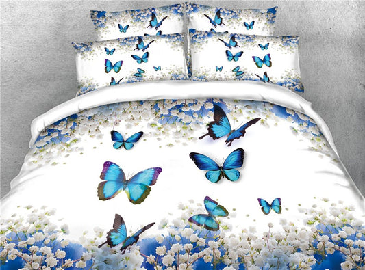 Juego de funda nórdica/juego de cama de 4 piezas con estampado de flores y mariposas azules en 3D, color blanco 