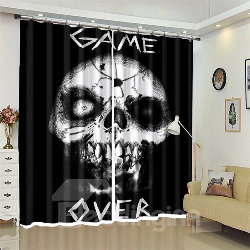 Totenkopf- und Buchstabenmuster, 3D-Polyester, individueller Halloween-Szenen-Vorhang für Wohnzimmer