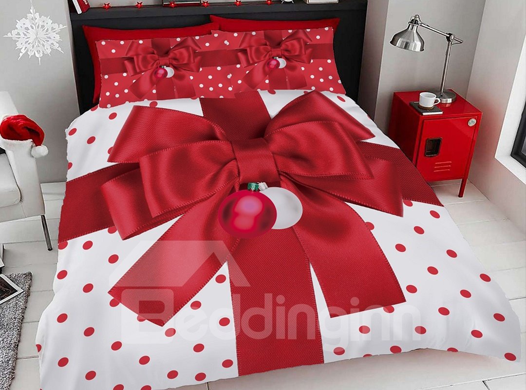 3D Red Christmas Gift Bow Printing 4Pcs Duvet Cover Set Bedding Set with Zipper Ties Soft Skin-friendly Microfiber
