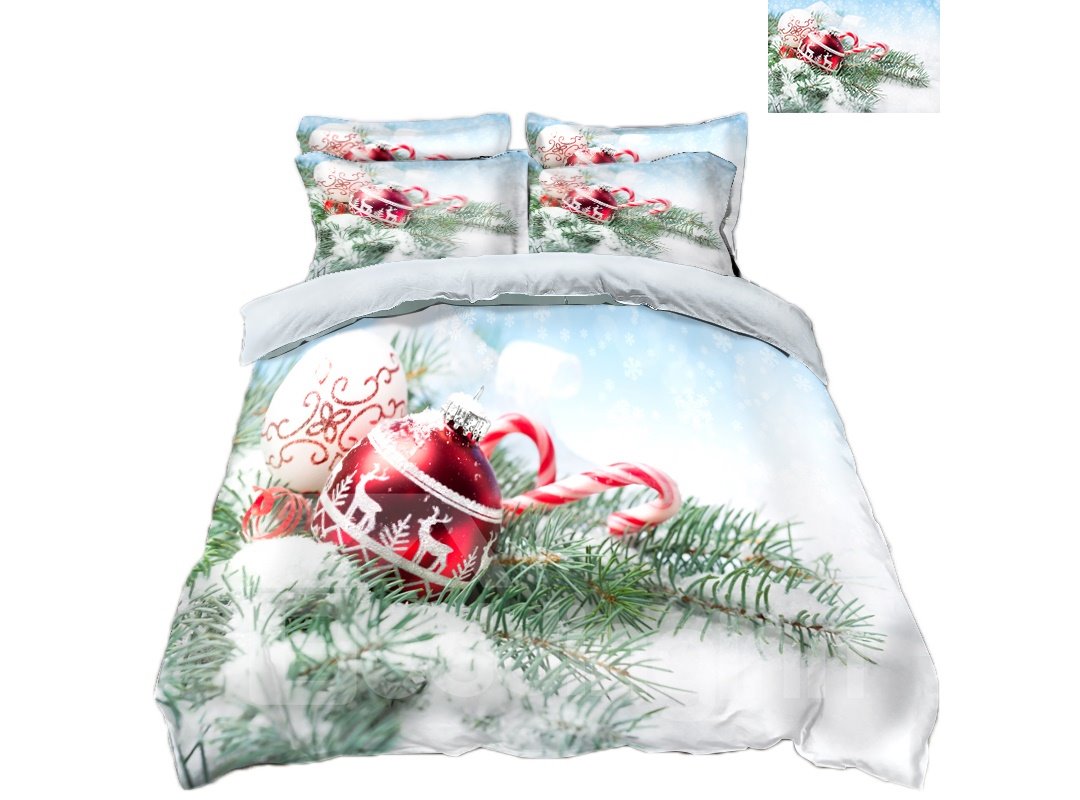 4-teilige 3D-Bettwäsche-Sets/Bettbezüge aus Polyester mit Rentier-Ornamenten und Schnee-Druck