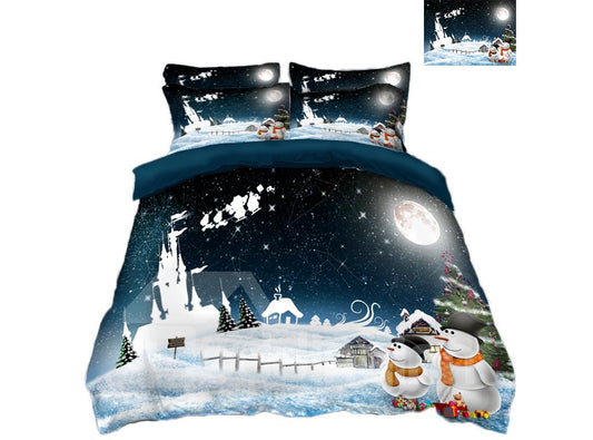 4-teilige 3D-Weihnachtsbettwäsche-Sets/Bettbezüge aus Polyester mit Schneemann- und Eisdruck
