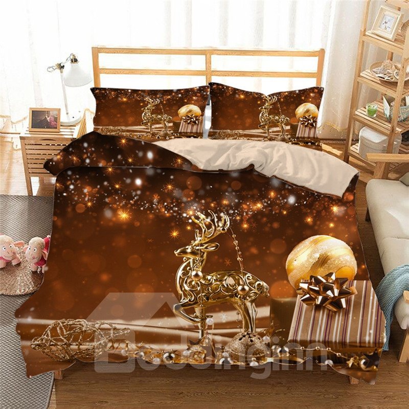 Goldenes Rentier und Ornamente drucken 4-teiliges 3D-Weihnachtsbettwäsche-Set/Bettbezug-Set aus Polyester