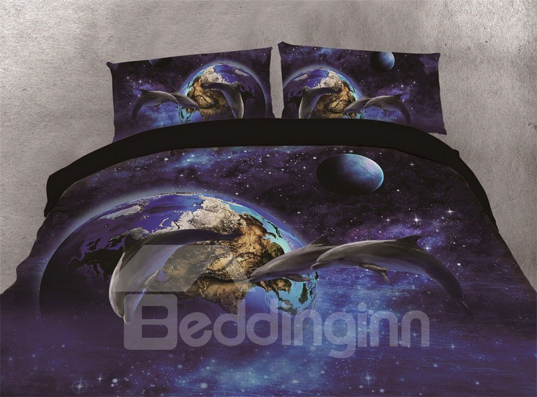 4-teilige 3D-Bettwäsche-Sets/Bettbezüge aus Polyester mit drei Delfinen und blauem Galaxie-Planetendruck